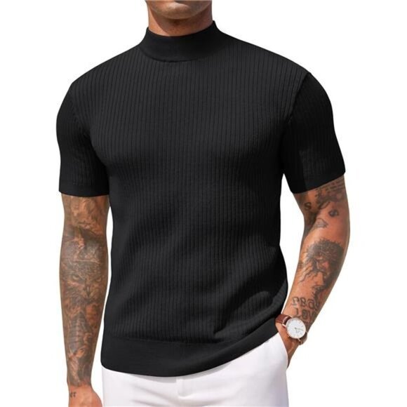 Men's Mock Turtleneck Sweater Short Sleeve Black - Picture 1 of 5
